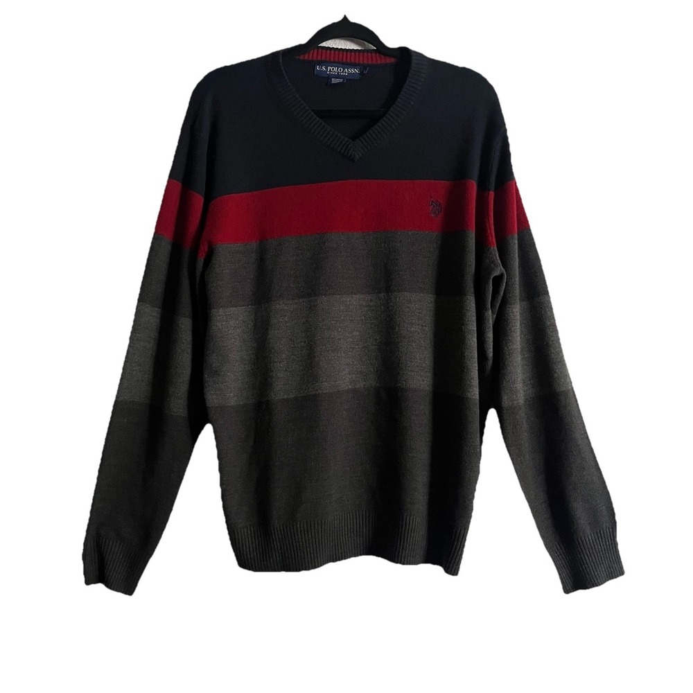 U.S. Polo Assn. V-Neck Sweater Mens Navy Grey Red Striped Colorblock Large